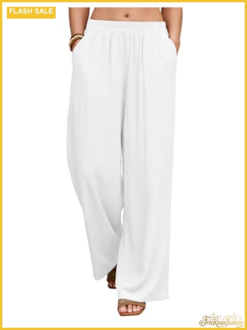 Womens Wide Leg Linen Pants Summer Flowy Elastic Waist Palazzo Trousers with